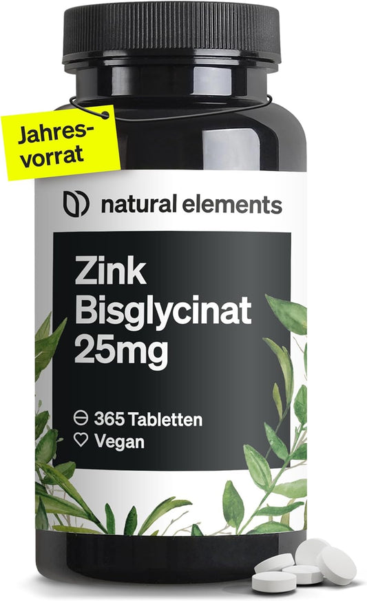 Zinc 25mg - 365 Tablets - Premium: Albion® Zinc Bisglycinate (Zinc Chelate) - Value for Money Winner 2018/2019* - Laboratory tested, high dosage and made in Germany