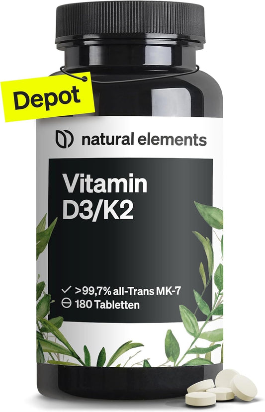 Vitamin D3 + K2 Depot, 180 Tablets, Premium Quality: K2VITAL® by Kappa, 99.7+%, All-Trans K2-MK7 + 5000 IU Vitamin D3, High Dose, No Additives, Produced in Germany & Laboratory Tested