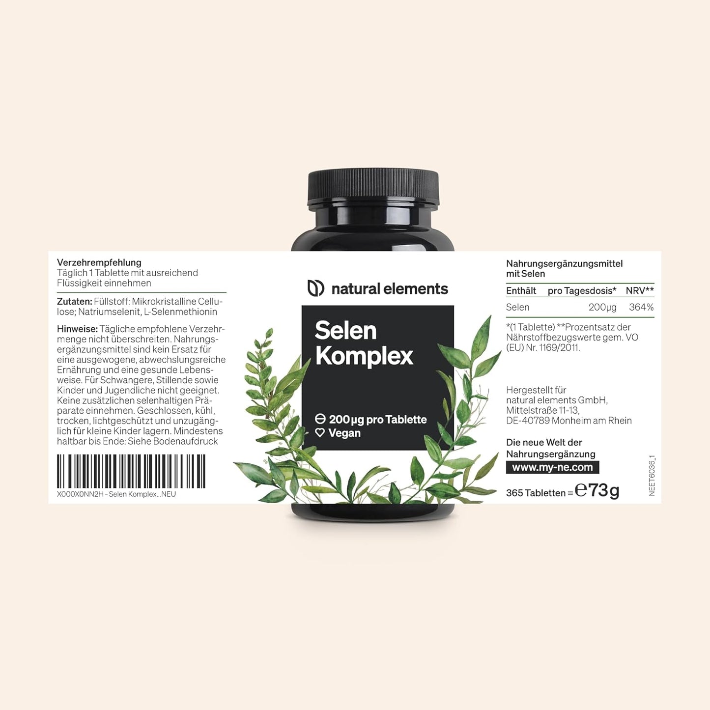 Selenium Complex - 365 Tablets with 200μg Each - Premium: Complex of Sodium Selenite and Selenomethionine - High Dose, Without Magnesium Stearate, Vegan and Made In Germany