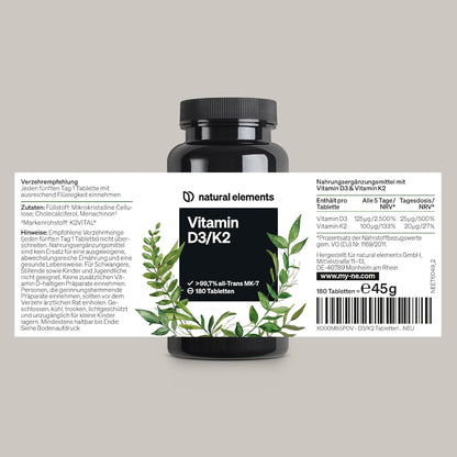 Vitamin D3 + K2 Depot, 180 Tablets, Premium Quality: K2VITAL® by Kappa, 99.7+%, All-Trans K2-MK7 + 5000 IU Vitamin D3, High Dose, No Additives, Produced in Germany & Laboratory Tested