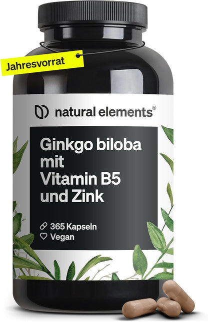 Ginkgo Biloba - Optimal Dose with 3750 mg per Capsule (50:1 Extract) - 365 Capsules - With Vitamin B5 & Zinc - Vegan, No Unnecessary Additives - Produced in Germany & Laboratory Tested