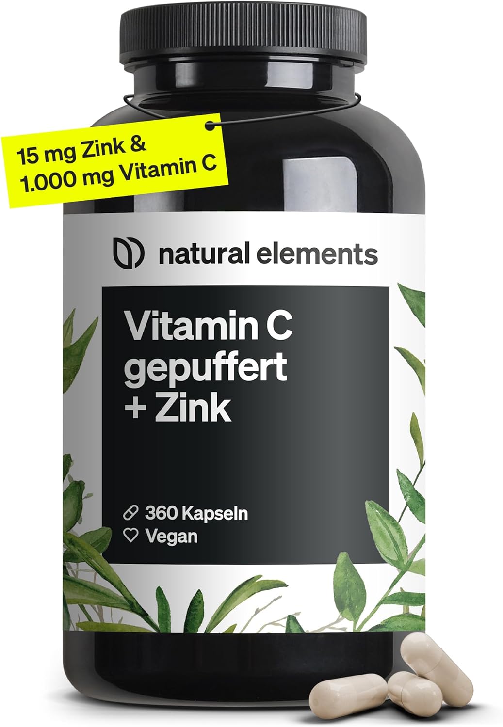 Vitamin C – 360 Capsules – High Dose with 1000 mg + 15 mg Zinc – Vegetable Fermented & Buffered (pH Neutral, Acid-free, Stomach-Friendly) – Laboratory Tested, Vegan and Produced in Germany