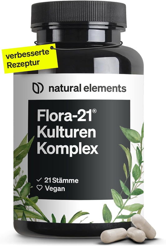 Flora 21® Culture Complex - 21 Bacterial Strains + Organic Inulin - 180 Enteric Juice-Resistant Capsules - Laboratory Tested, Vegan, High Dose and Produced in Germany