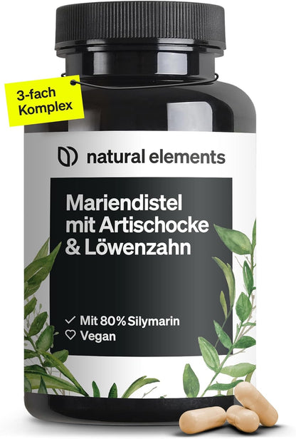 Marian Thistle, Artichoke & Dandelion Complex - 120 Capsules - Comparison Winner 2019* - High Dose with 80% Silymarin - No Magnesium Stearate, Vegan and Made in Germany.