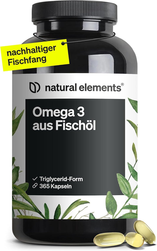 Omega 3 (365 capsules) 1000 mg Fish Oil per Capsule with EPA and DHA in Triglyceride Shape Laboratory Tested, Extensively Cleaned and from Sustainable Fishing