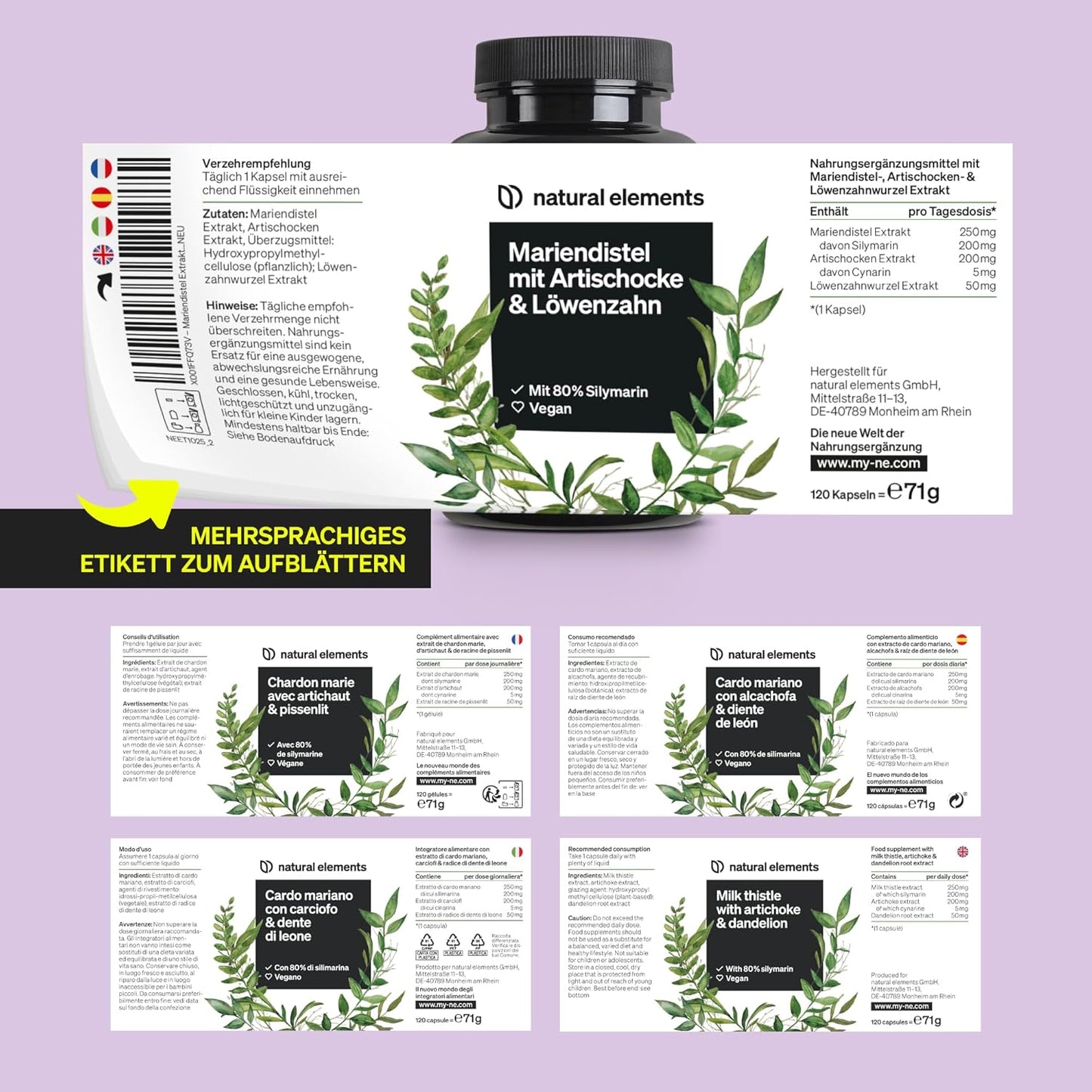 Marian Thistle, Artichoke & Dandelion Complex - 120 Capsules - Comparison Winner 2019* - High Dose with 80% Silymarin - No Magnesium Stearate, Vegan and Made in Germany.