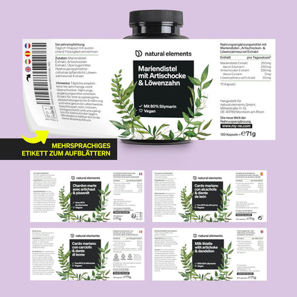 Marian Thistle, Artichoke & Dandelion Complex - 120 Capsules - Comparison Winner 2019* - High Dose with 80% Silymarin - No Magnesium Stearate, Vegan and Made in Germany.