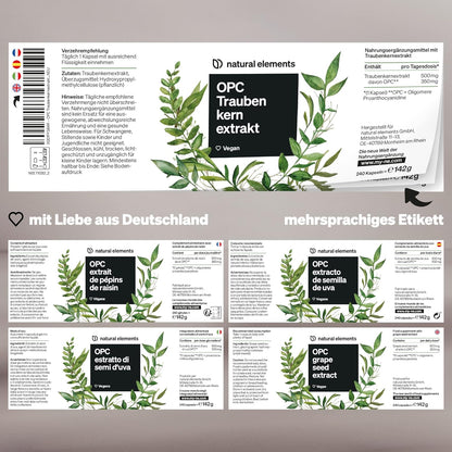 OPC grape seed extract, 240 capsules for 8 months, laboratory-tested premium OPC from European grapes, no unwanted additives, high dosage, vegan and made in Germany.