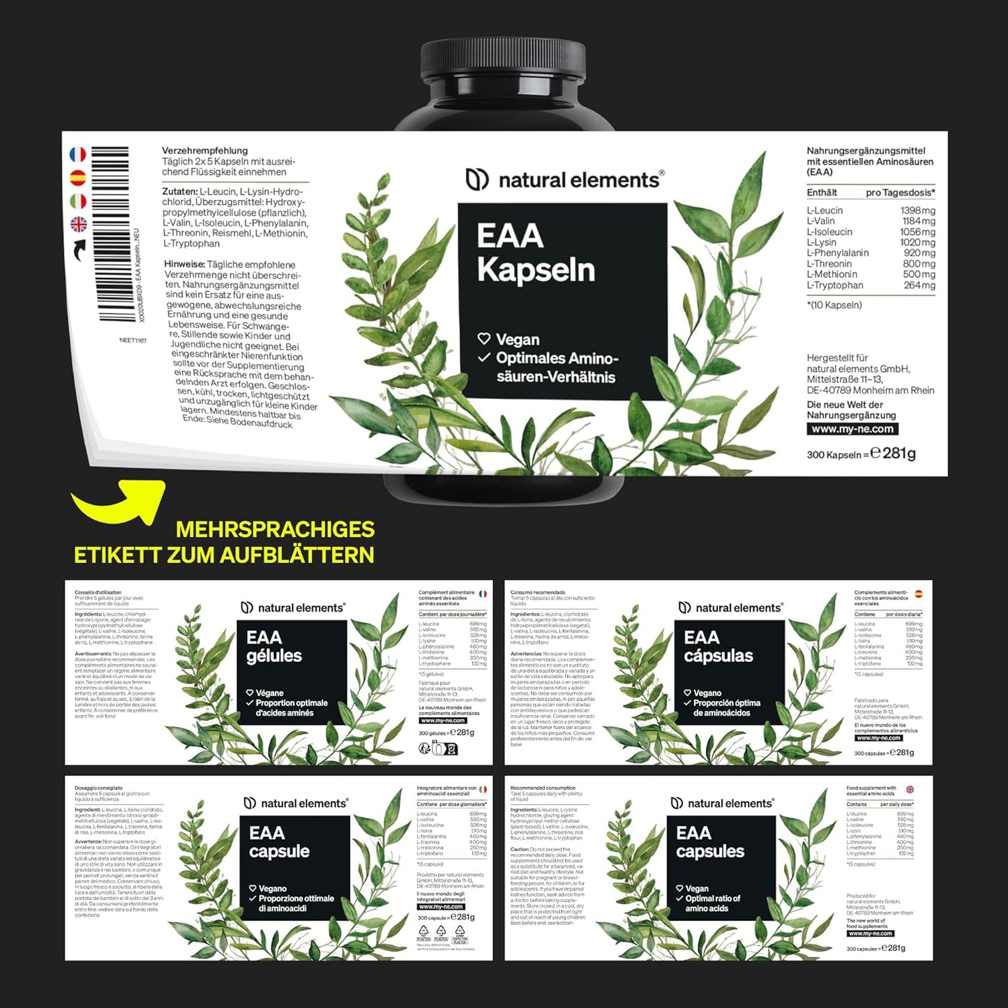 EAA Capsules High Dose - 300 Capsules - 8 Essential Amino Acids - Vegan, No Unnecessary Additives - Produced in Germany & Laboratory Tested