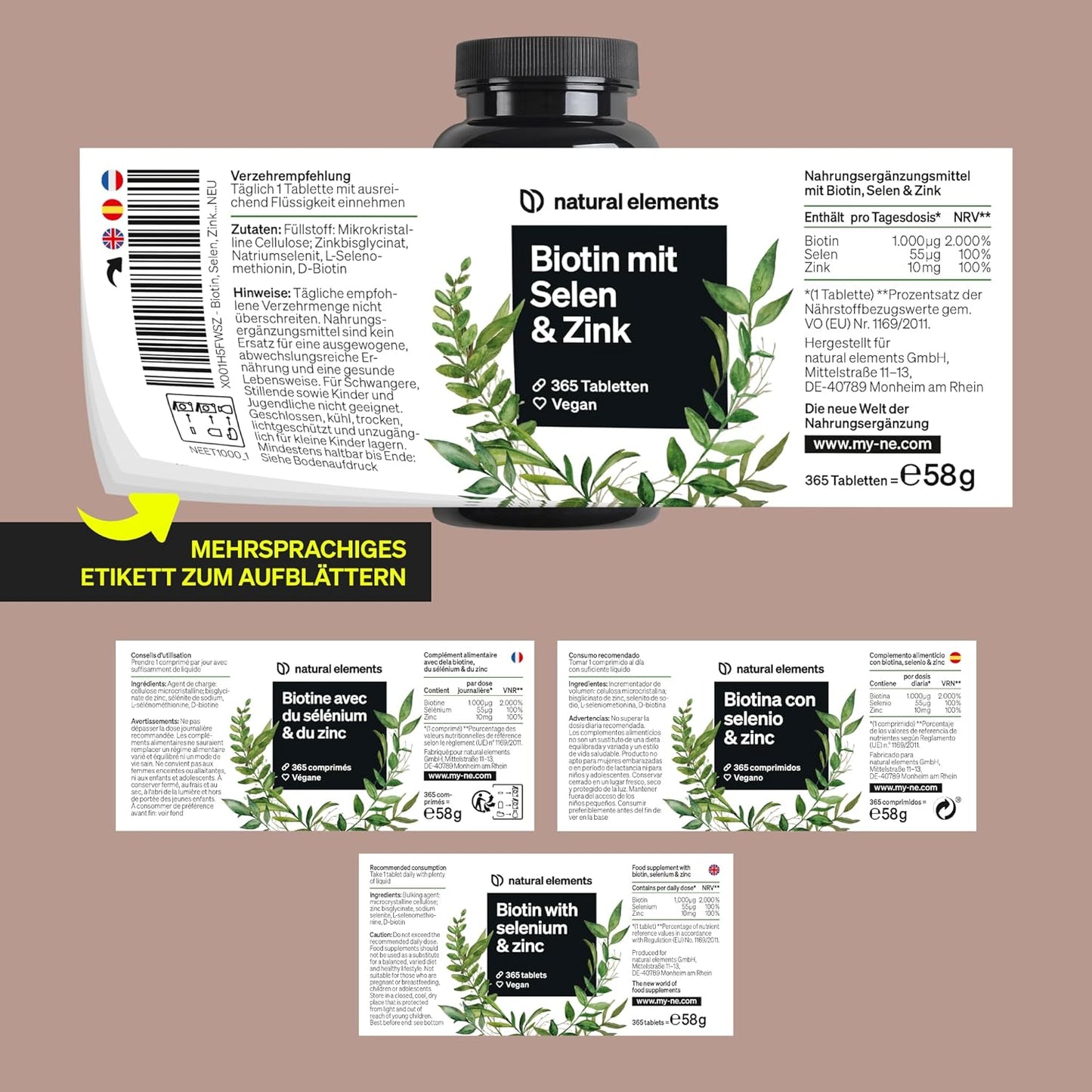 Biotin + Selenium + Zinc 365 - Vegan Tablets - No Magnesium Stearate - Laboratory Tested and Made in Germany